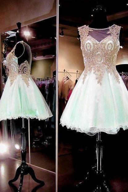 Short Scoop Neck Prom Dress With Lace Appliqued ,sweet 15 Prom Gowns , Mini Cocktail Dress
