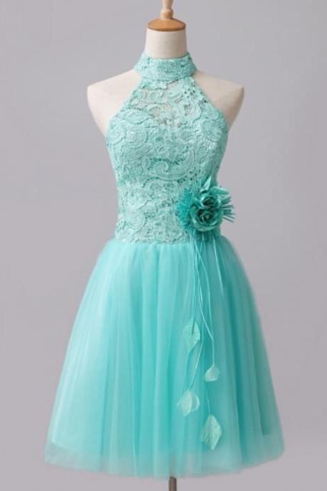 Mint Green Tulle Lace High Neck Short Homecoming Dress A Line Strapless Short Cocktail Party Gowns 2020 