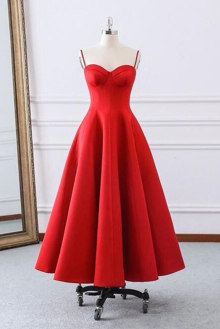 Arrival Red Satin Spaghetti Strap Long Prom Dress Strapless Women Prom Gowns , Wedding Prom Gowns