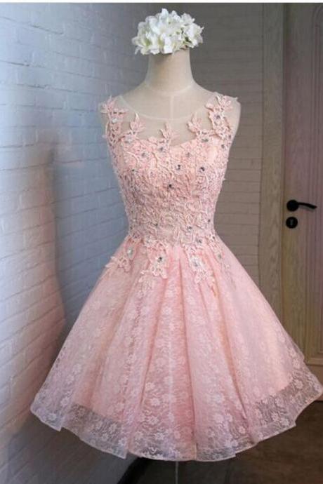 Pink Tulle Lace Beaded Short Homecoming Dress, Tulle Prom Gowns