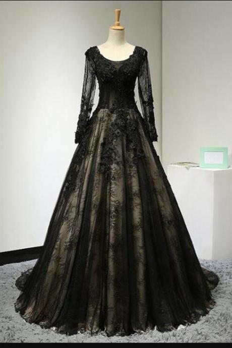 Charming Black Tulle A Line Evening Dress With Long Sleeve Custom Made Prom Gowns Plus Size Women Gowns