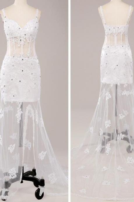 Sexy White Lace Formal Evening Dress Custom Made Women Gowns , Wedding Evening Dress Long