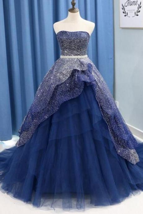 Plus Size Navy Blue Sequin A Line Long Prom Dress Strapless Wedding Quinceanera Dresses Custom Made Prom Party Gowns