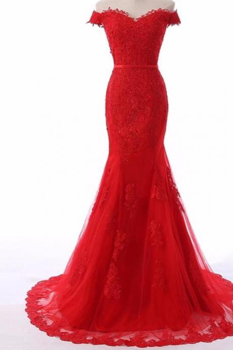 Fashion Red Lace Mermaid Tulle Women Evening Dress Strapless Long Prom Party Gowns 