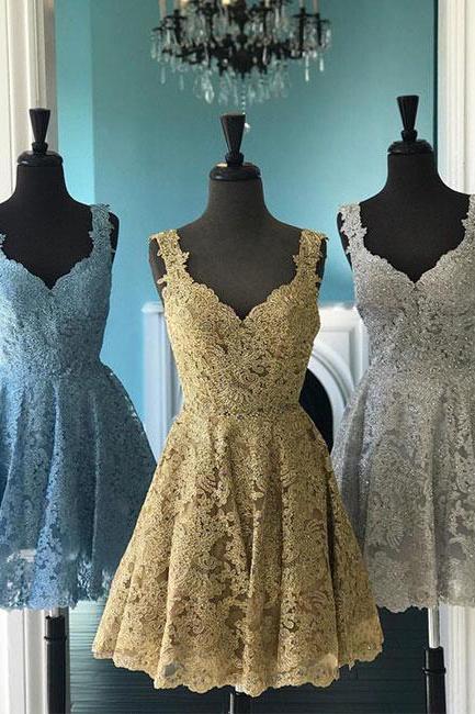 Gold Lace Short Prom Dress With Spaghetti Strap 2020 Short Graduation Dress For Little Girls