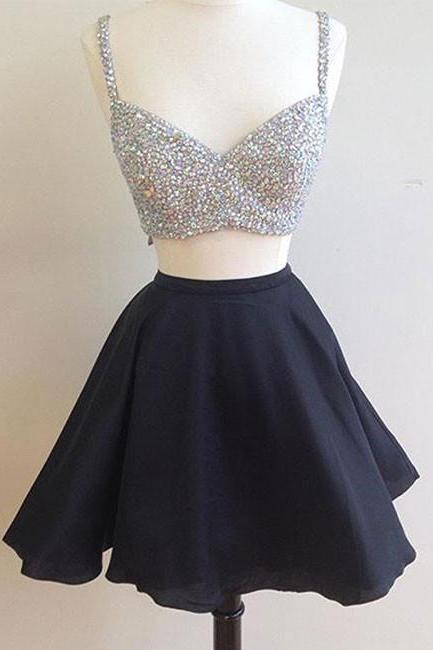 Sexy A Line Two Pieces Black Satin Short Homecoming Dress Custom Made Mini Party Gowns , Short Cocktail Gowns 2020