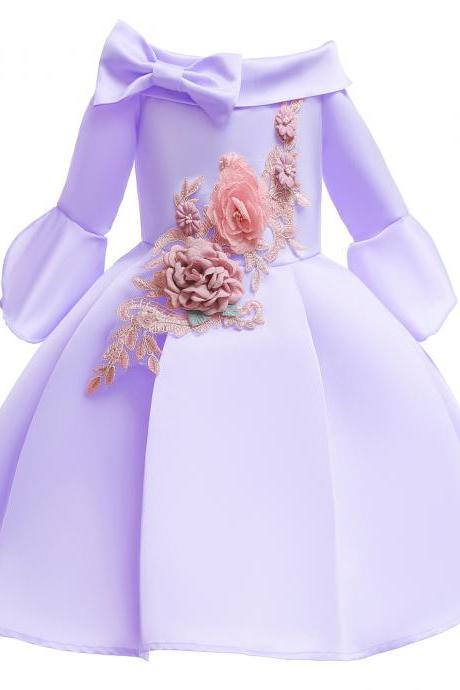 Fashion Lavender Embroidery Short Flower Girls Dress For Little Girls Party Gowns With Sleeve , Little Girl Prom Party Gowns , Kids Dress