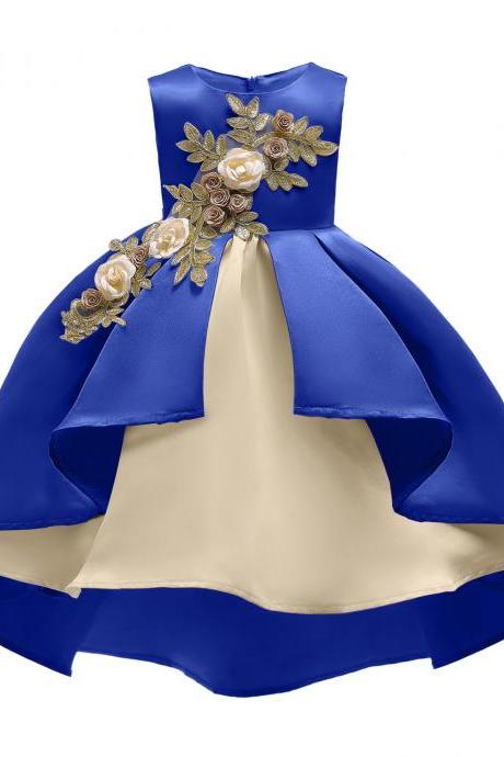 Cute Royal Blue Satin Short Prom Dress Ball Gown Embroidery Lace Communion Party Gowns Cheap Kids Party Gowns 