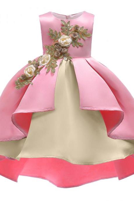Cute Pink Satin Short Prom Dress Ball Gown Embroidery Lace Communion Party Gowns Kids Party Gowns