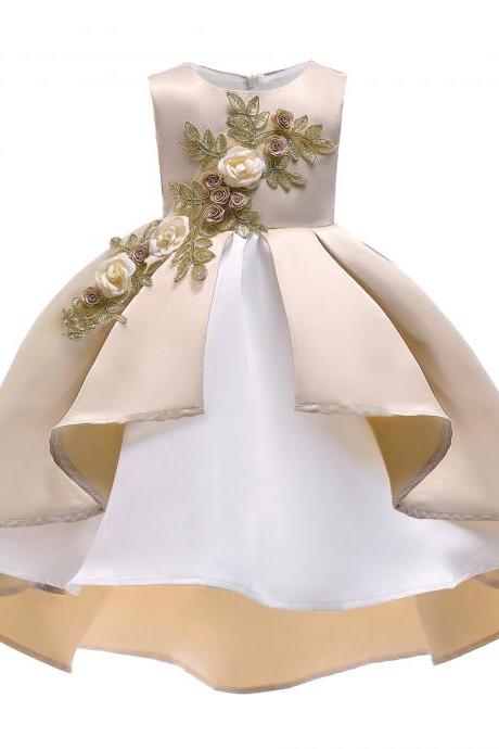 Cute Champagne Satin Short Prom Dress Ball Gown Embroidery Lace Communion Party Gowns Kids Party Gowns