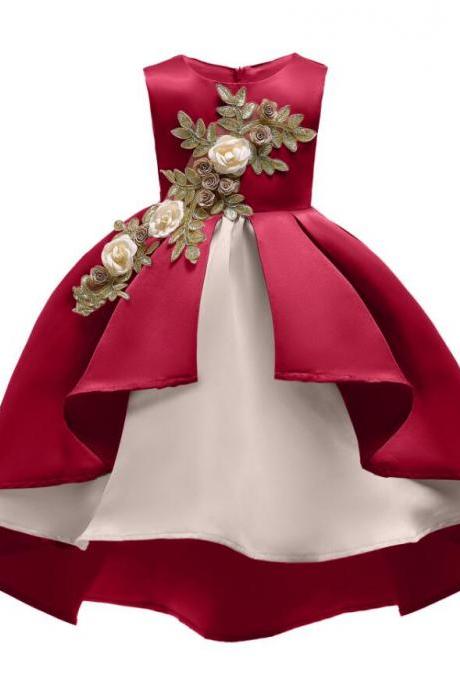 Cute Red Satin Short Prom Dress Ball Gown Embroidery Lace Communion Party Gowns Kids Party Gowns