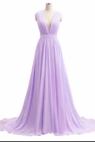 Sexy A Line V-neck Lavender Chiffon Ruched Long Prom Dress Plus Size Women Party Gowns ,custom Made Women Party Gowns