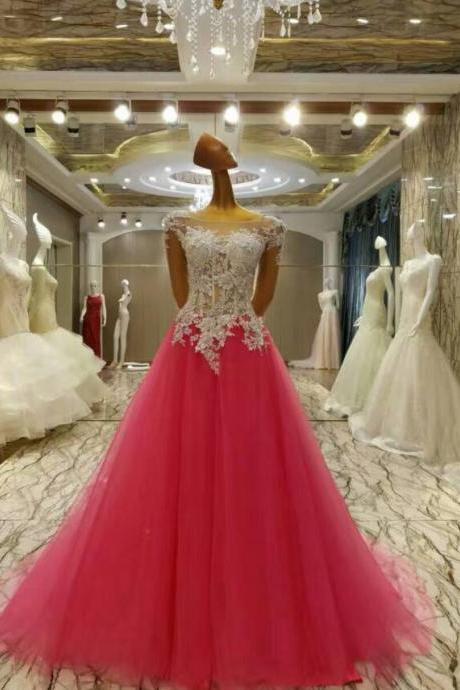 Charming A Line Crew-neck Fuchsia Tulle Formal Evening Dress Women Party Gowns Custom Made Lace Prom Party Gowns