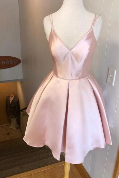 Sexy V-neck Light Pink Satin Short Homecoming Dress Above Length Prom Party Gowns , Mini Cocktail Gowns