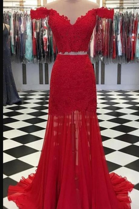Cheap Red Two Pieces Lace Prom Dress A Line Wedding Party Gowns , 2 Pieces Prom Gowns 