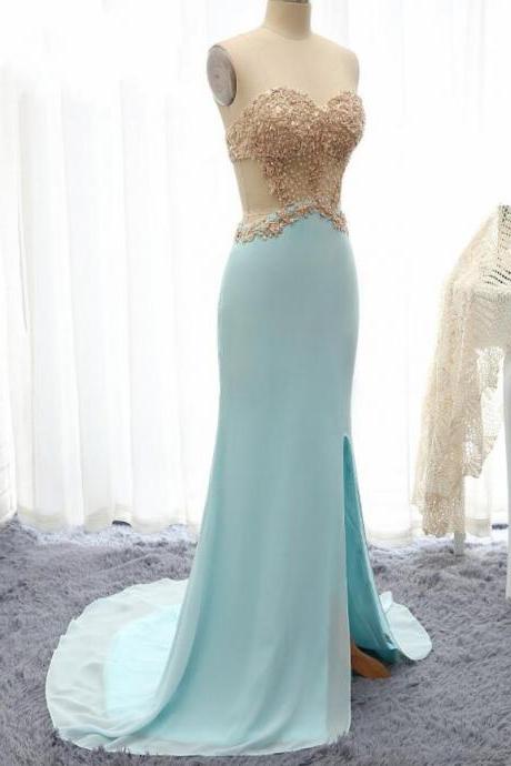 Light Green Chiffon Long Prom Dress With Gold Lace Appliqued Formal Evening Party Gowns , Formal Gowns