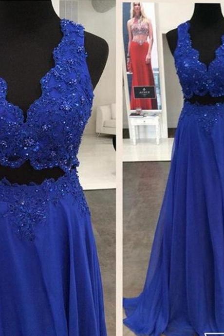 Royal Blue Chiffon Lace Long Prom Dress Two Pieces Beaded Prom Party Gowns Custom Made Women Gowns 2020