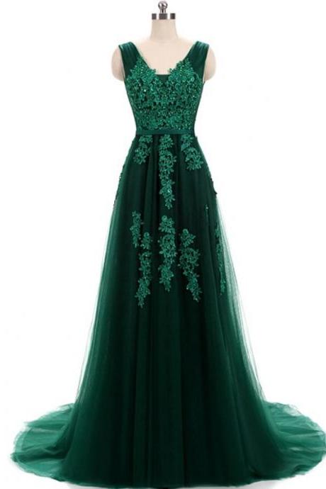 Sexy A Line Green Tulle Lace Prom Dress Off Shoulder Long Prom Dresses With Appliqued ,formal Evening Dress 2020