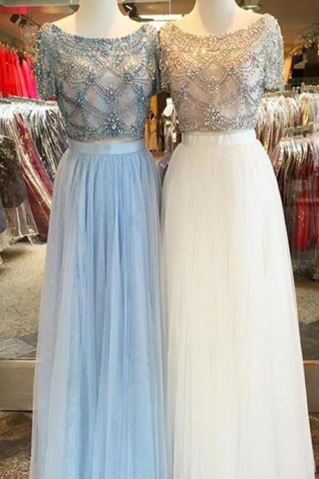New Arrival Two Pieces Beaded Light Sky Blue Tulle Long Prom Dresses Custom Made Prom Party Gowns 2020,Formal Evening Dress 