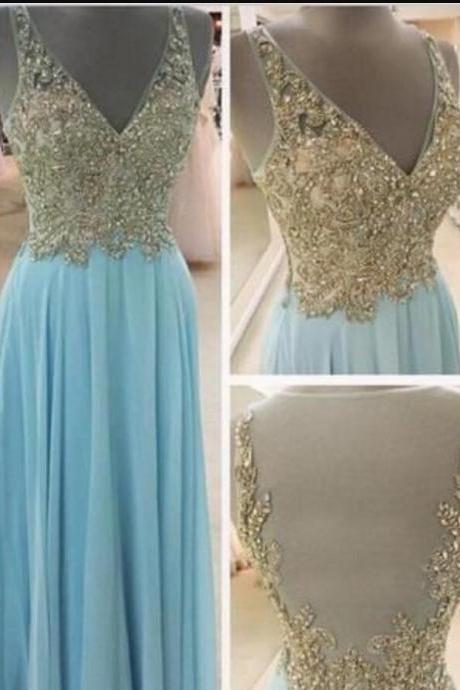 Sexy V-neck Sky Blue Chiffon Formal Evening Dress A Line Prom Gowns Plus Size Women Gowns With Appliqued Beaded