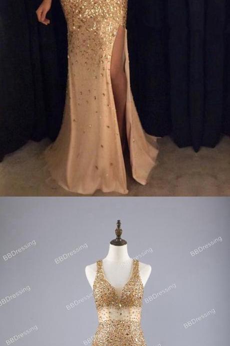 Gold Tulle Mermaid Prom Dress Beaded Crystal Formal Evening Dresses Plus Size Wedding Party Gowns2020