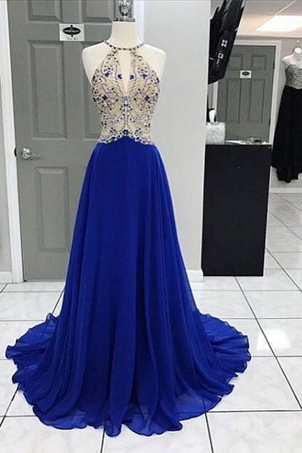 Sexy A Line Halter Beck Beaded Royal Blue Chiffon Prom Dress Custom Made Prom Party Gowns 2020