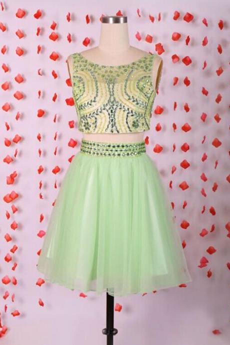 Sexy Two Pieces Light Green Beaded Short Prom Dress Custom Made Homecoming Dress A Line Cocktail Party Gowns 2020