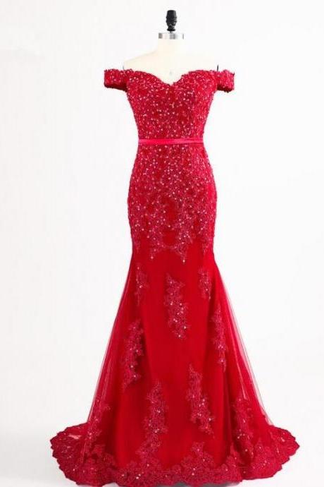 Stunning Red Beaded Lace Prom Dresses Mermaid Women Party Gowns Custom Made Long Evening Dress