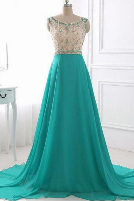 Off Shoulder Beaded Corset A Line Green Chiffon Long Prom Dress Custom made Formal Evening Dress, Formal Evening Gowns 