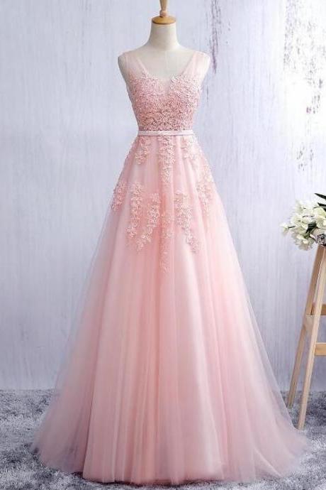 Plus Size Pink Tulle Lace Long Prom Dress V-neck Prom Party Gowns Floor Length Formal Evening Dresses
