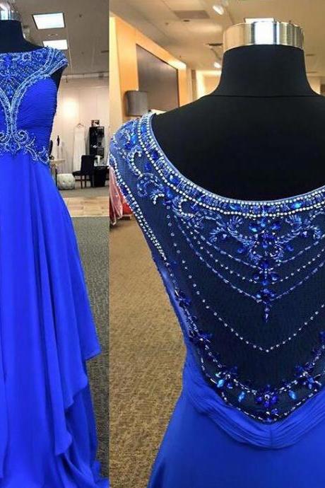 Charming A Line Royal Blue Chiffon Beaded Crystal Formal Evening Dress Scoop Neck Long Prom Dress 