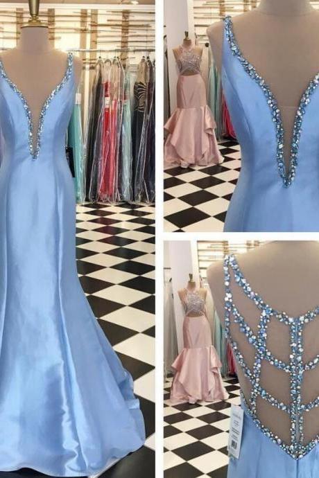 Sky Blue Beaded Mermaid Prom Dress Strapless Women Pageant Gowns ,mermaid Prom Gowns , Sexy Beaded Prom Dresses 2020