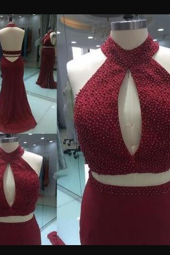 Plus Size Burgundy Beaded Two Pieces Mermaid Prom Dresss , Sexy Halter Neck Long Prom Party Gowns ,custom Made Formal Dress