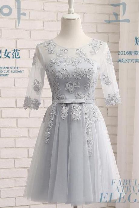 Fashion A Line Silver Lace Prom Dress With Short Sleeve Custom Made Sheer Neck Short Homecoming Dress, Short Cocktail Dress ,short Bridesmaid