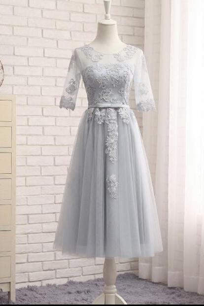 Tea Length Silver Tulle Lace Bridesmaid Dress With Short Sleeve Women Party Gowns A Line Short Bridesmaid Party Gowns ,mini Party Gowns ,sash