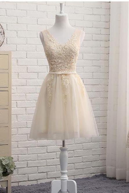 Simple Light Champagne Lace Short Homecoming Dress V-Neck Lace Up Prom Dress Short,Custom Made Short Bridesmaid Dress 2020