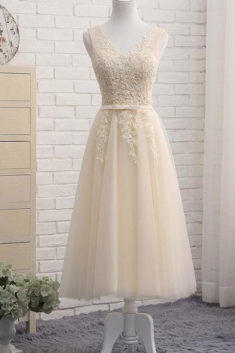 V-neck Tea Lenght Light Champagne Lace Prom Dress Strapless Homecoming Dresses A Line Wedding Party Gowns
