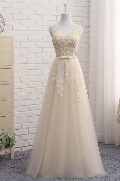 Cheap V-Neck Simple A Line Lace Prom Dress Light Champagne Tulle Women Party Gowns Plus Size Formal Evening Dress 