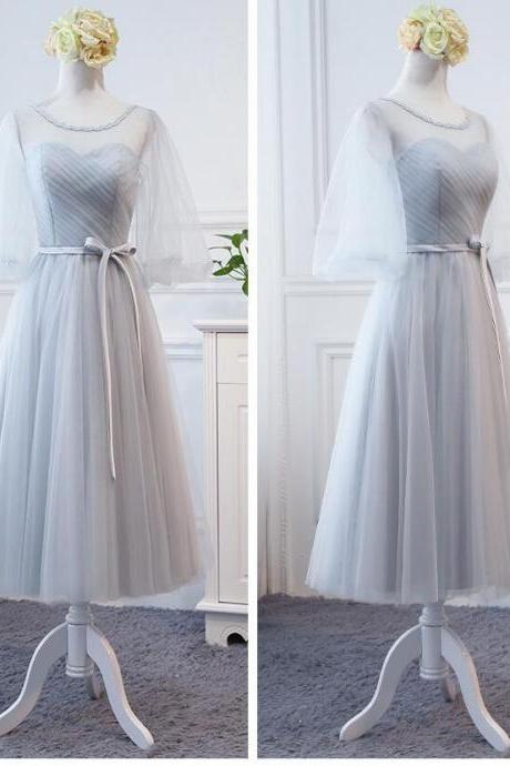 Simple Silver Tulle Ruffle Tea Length Bridesmaid Dressscoop Plus Size Wedding Party Gowns