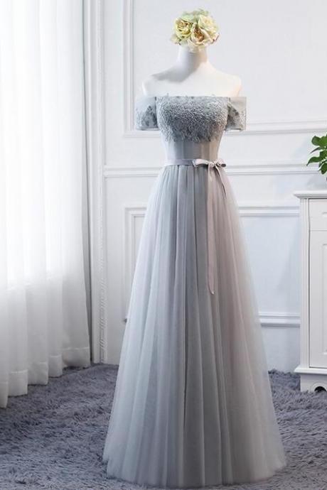 Off Shoulder Silver Lace A Line Long Prom Dress Custom Made Women Party Gowns , Bridesmaid Dress With Short Sleeve