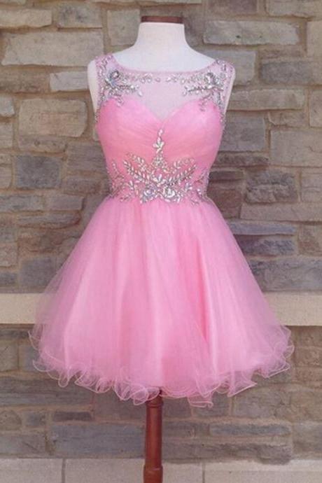 Sexy Off Shoulder Pink Tulle Short Homecoming Dress With Beaded, Short Cocktail Dress, Junior Party Gowns 