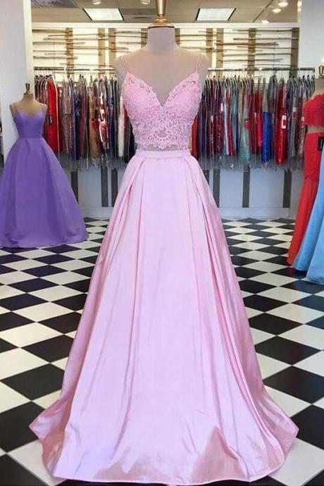 Two Pieces Pink Lace A Line Long Prom Dress A Line Custom Made Prom Party Gowns , Prom Party Gowns