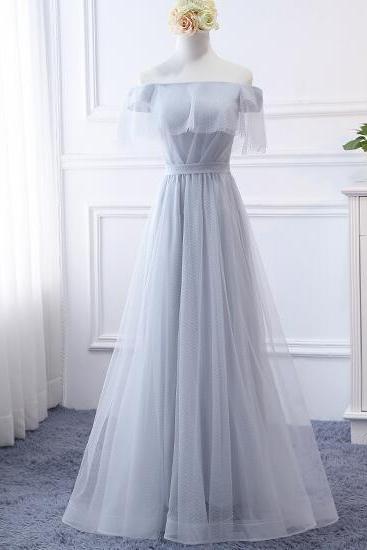 Off Shoulder Light Silver Long Prom Dress Custom made Women Party Gowns ,Formal Evening Dress 2020