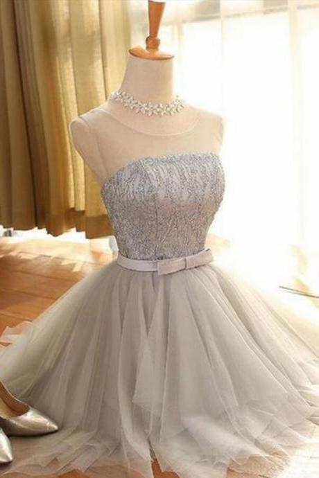Fashion A Line Light Gray Beaded Tule Short Homecoming Dress Custom Made Mini Prom Party Gowns 