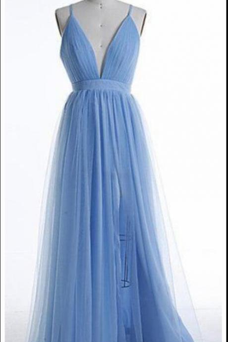 Off Shoulder V-neck Blue Tulle Long Prom Dress, Prom Party Gowns ,wedding Party Gowns 2020