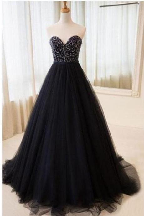 Charming Beaded Black Tulle Sweet Long Prom Dresses Custom Made Women Party Gowns , A Line Prom Dresses 2020
