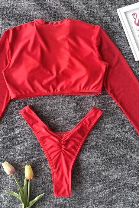 Fashion Two Pieces Women Bikini ,Cheap Summer Bikini ,Sexy Bikini ,Black Bikini 2020 With Long Sleeve ,Red Bikini
