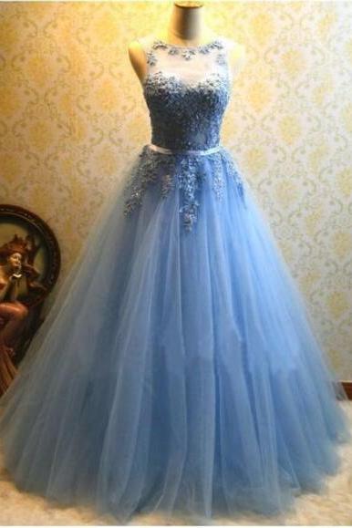 Blue Lace A Line Long Prom Dress Custom Made Women Prom Gowns Custom Made Party Gowns 2020