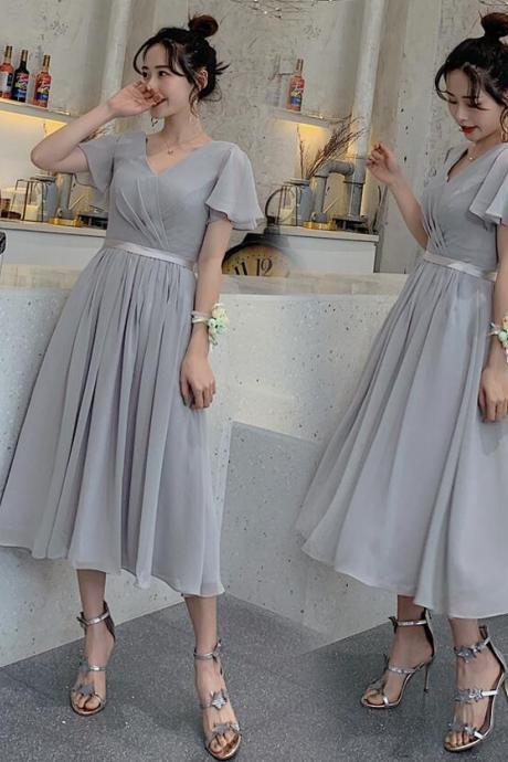 Sexy V-neck Light Silver Chiffon Long Prom Dresses A Line Women Pageant Gowns , Prom Party Gowns , Prom Dresses 2020