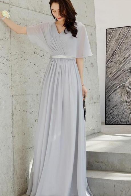Plus Size Silver Chiffon V-neck Long Prom Dress Floor Length Prom Party Gows, Sexy A Line Wedidng Guest Gowns